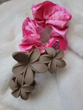 2pcs Pink Satin Scrunchie with Taupe Flower Hair Clip